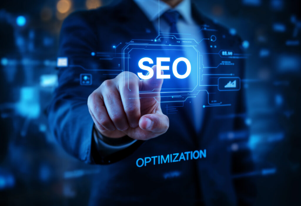 SEO workflow showing keyword planning, site optimization, and ranking improvement